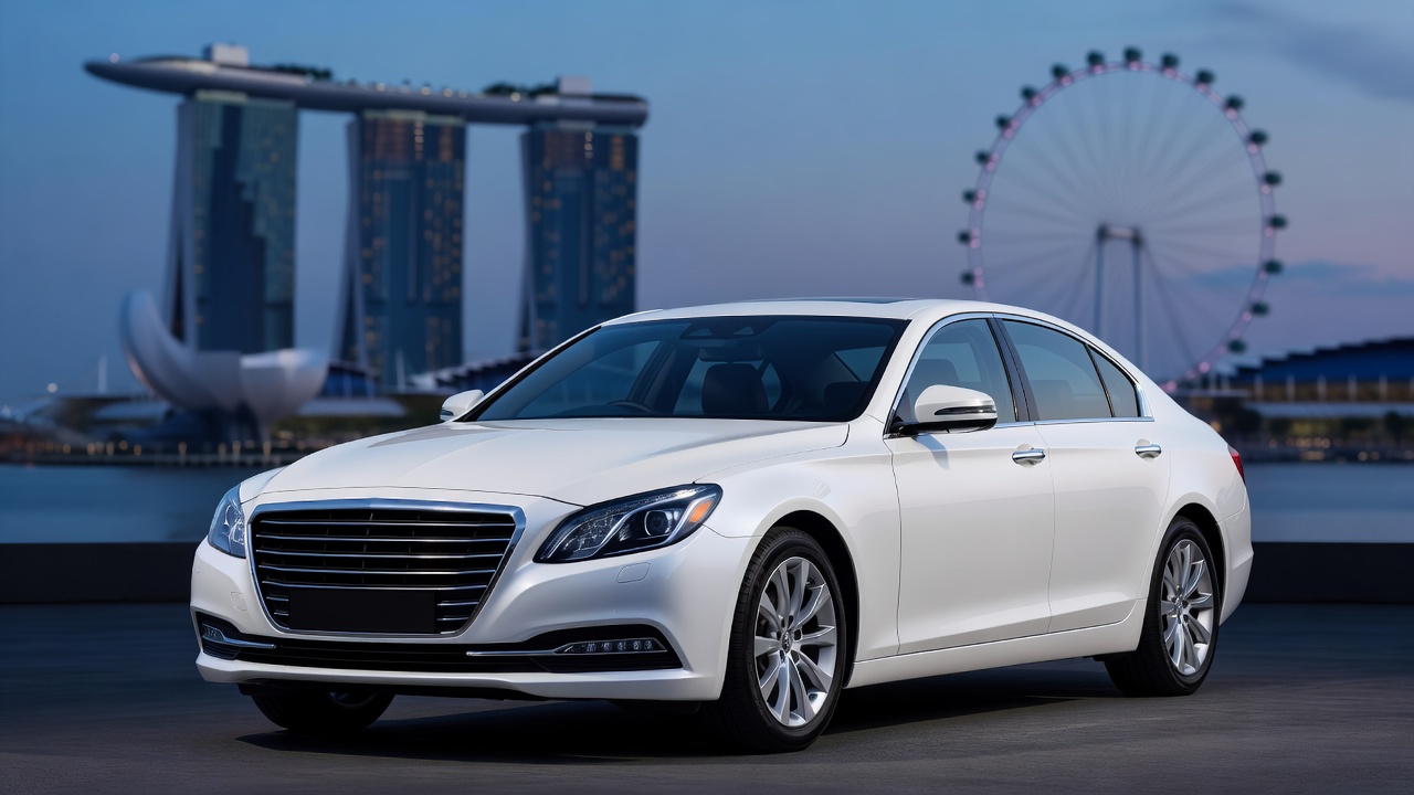 A brightly lit sedan against the Singapore skyline