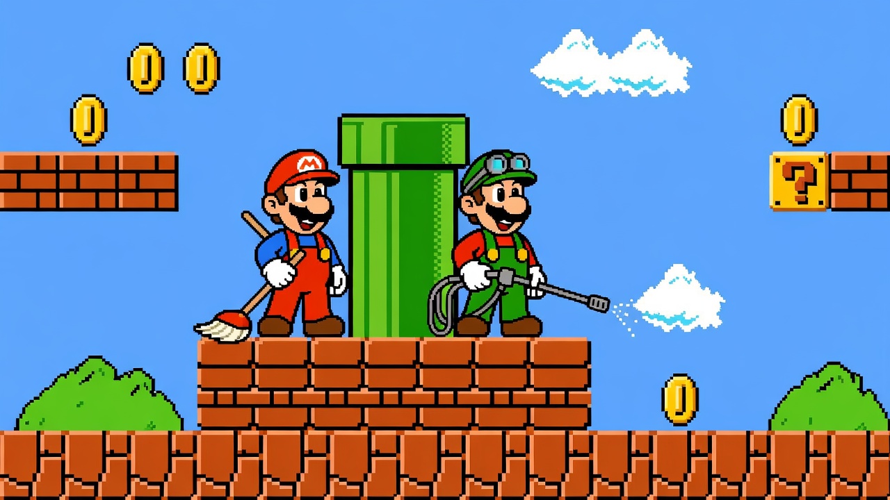 Two original pixel cleaners with mops by a green pipe