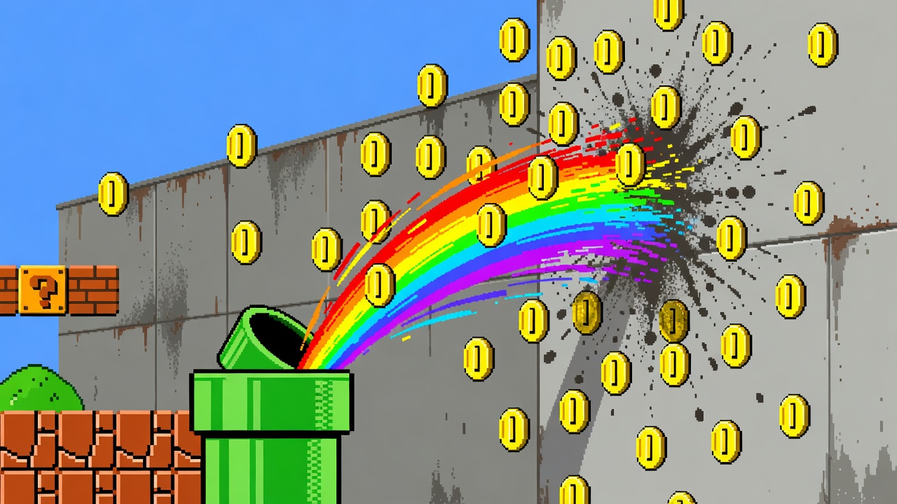 Pixel warehouse cleaned with pressure beam, green pipes and brick blocks